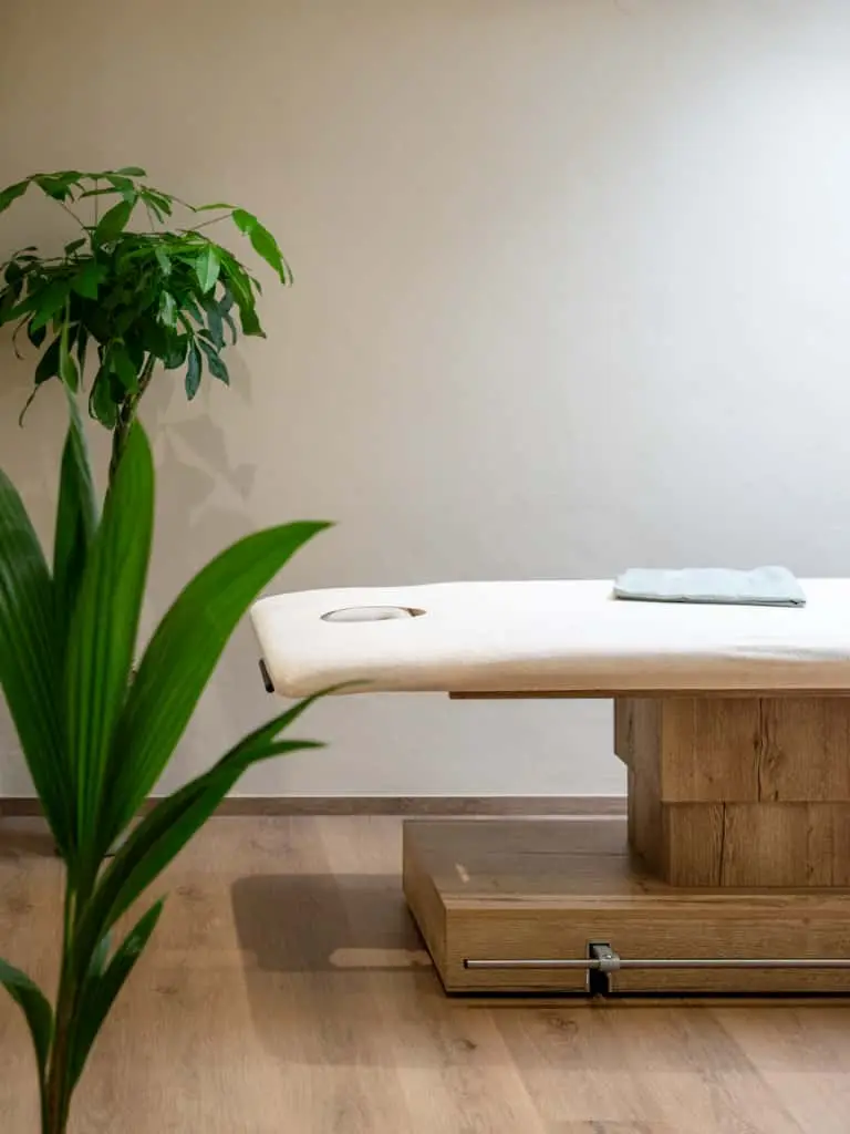 Massageliege mit Pflanze im hellen Massageraum